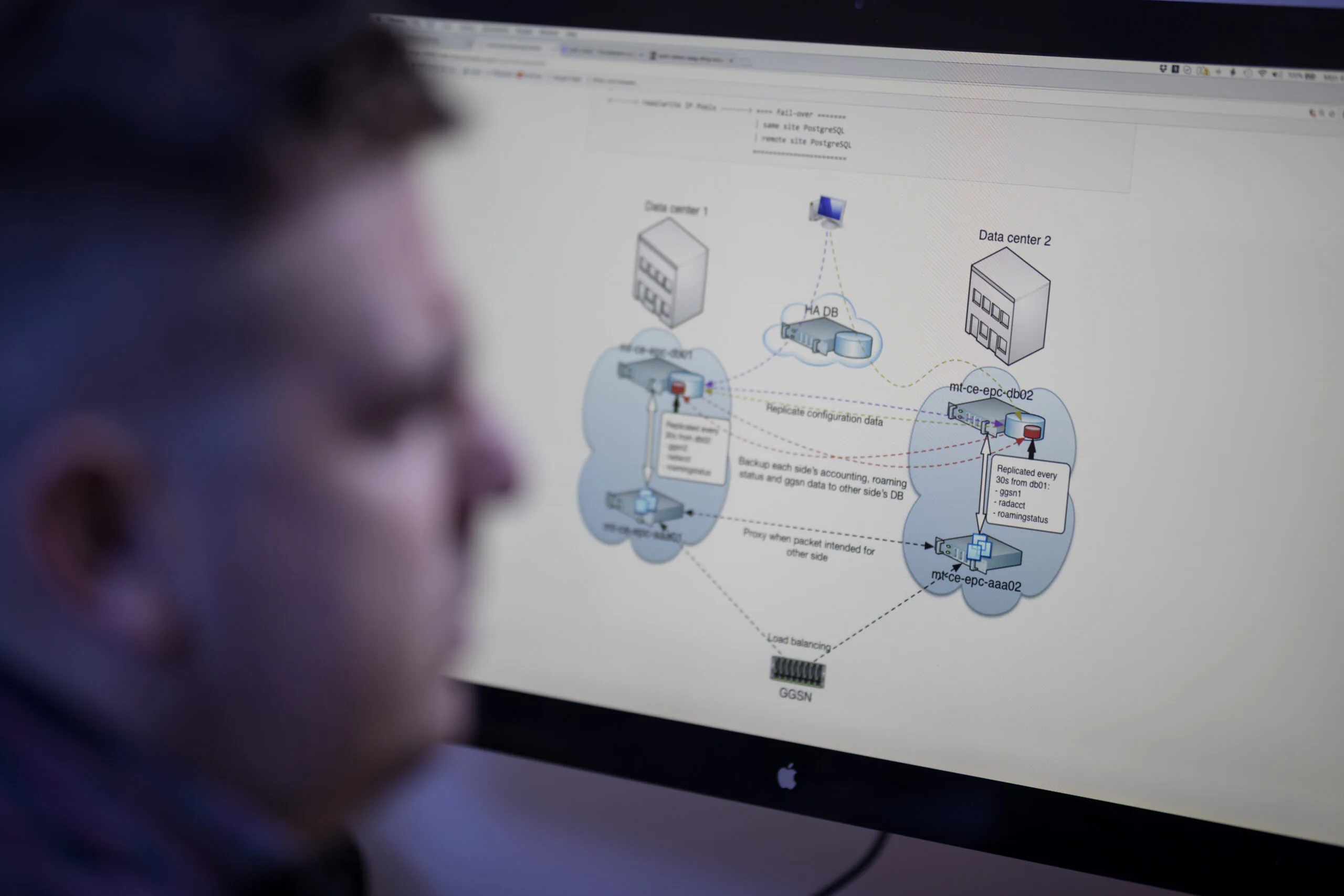 A man examining a graph on a computer monitor.